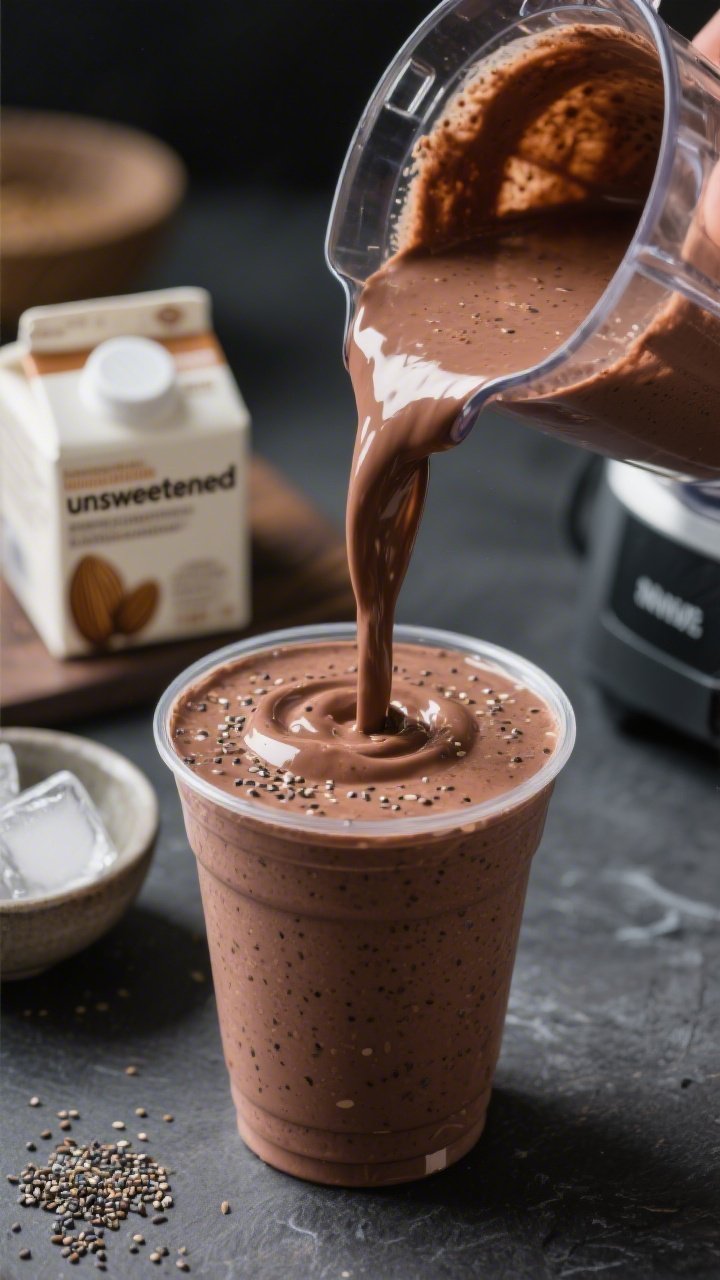 Close-up, action-focused process image of the smoothie mid-blend being poured from a blender into a 