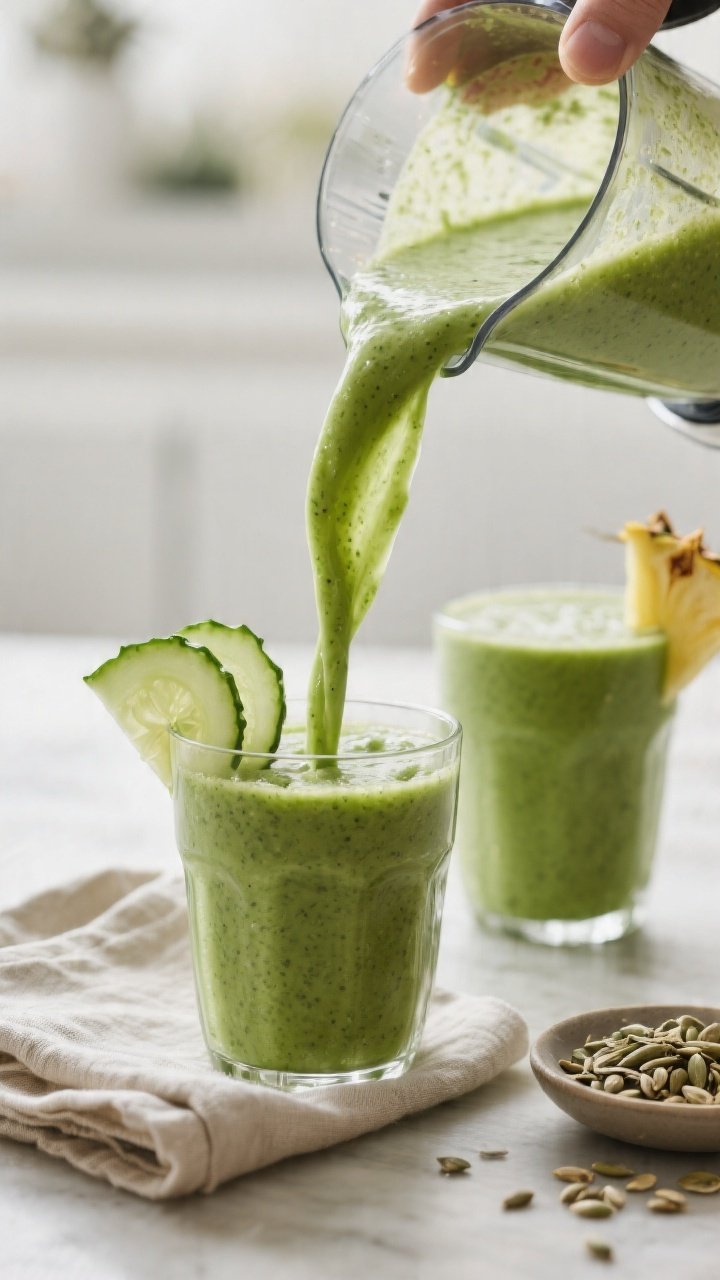 Close-up action shot of the finished smoothie mid-pour from a blender into a glass, showing silky, t