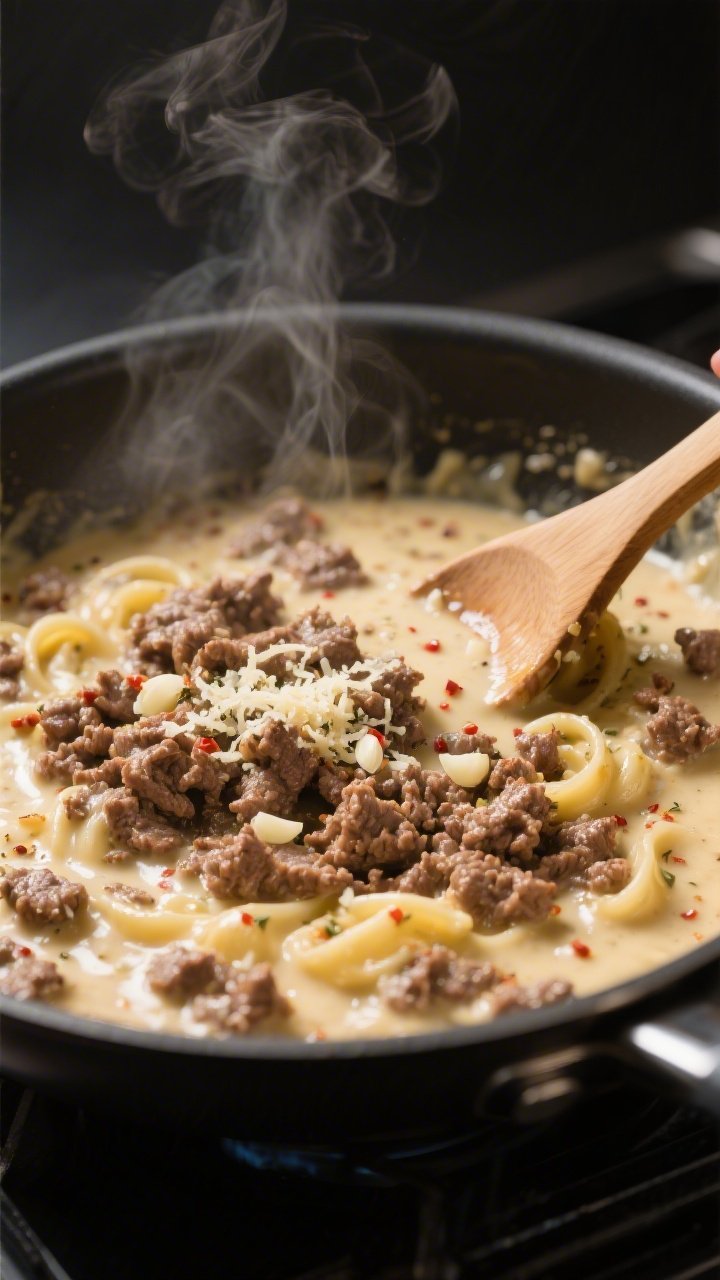 Close-up cooking process: Ground beef Alfredo simmering in a wide stainless skillet, browned beef cr