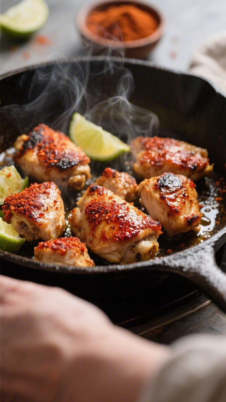 Close-up cooking process shot: bite-size chicken thigh pieces sizzling in a cast-iron skillet, richl