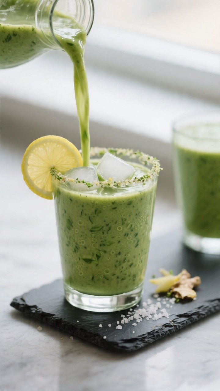 Close-up detail: A freshly blended Avocado Spinach Detox Smoothie being poured into a chilled clear