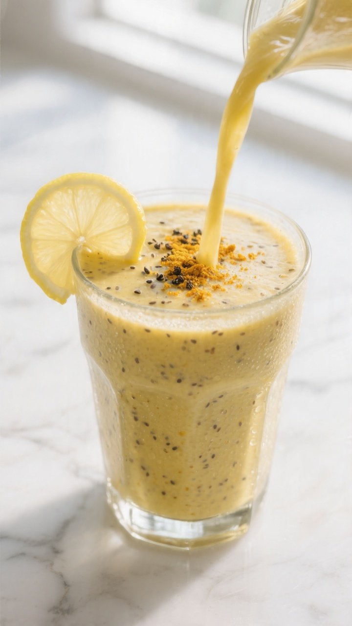 Close-up detail: A freshly blended Lemon Ginger Fat Burner Smoothie being poured into a chilled clea