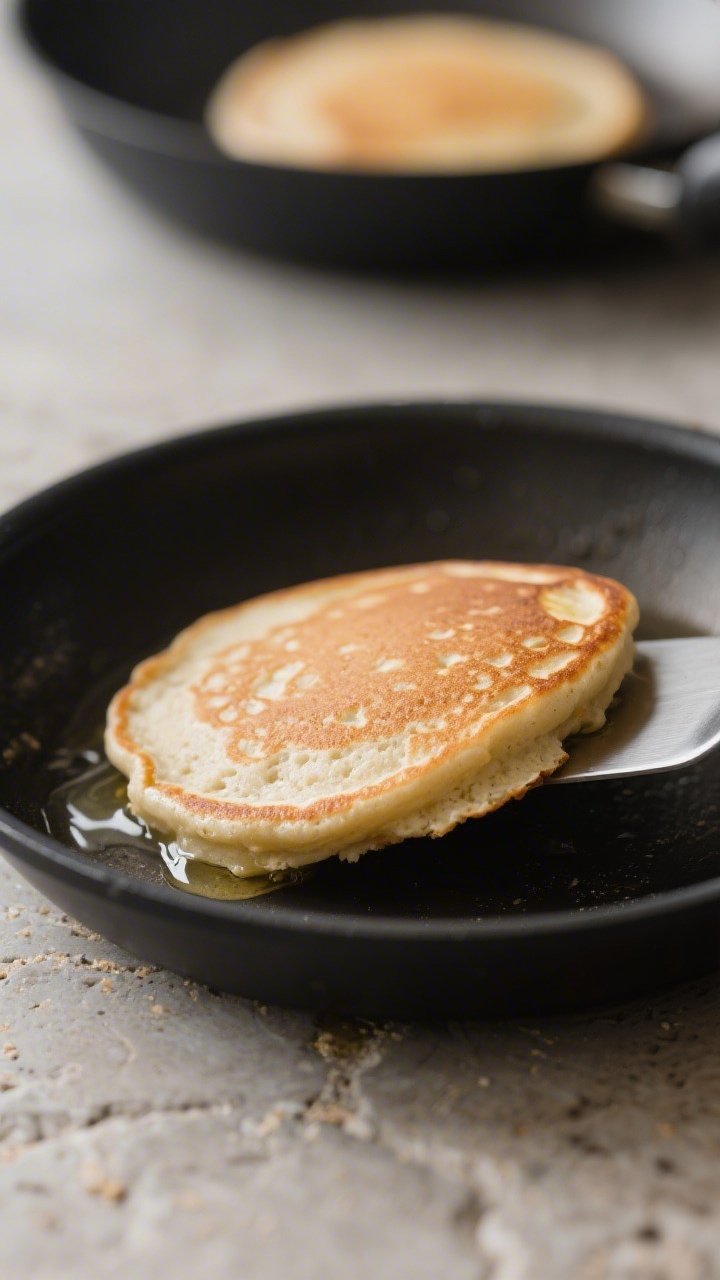 Close-up detail: A small almond flour pancake mid-cook on a nonstick skillet, edges just set with ti