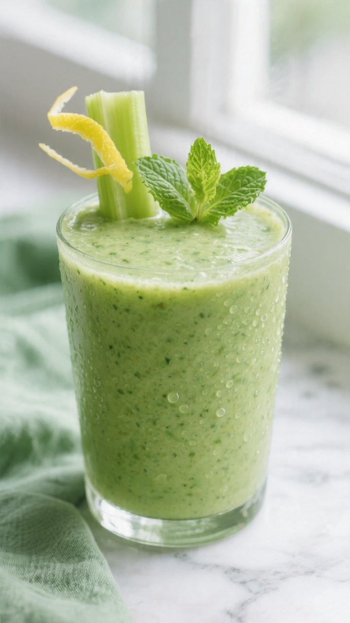 Close-up detail: A tall chilled glass of Celery Green Detox Smoothie just poured, thick and silky wi