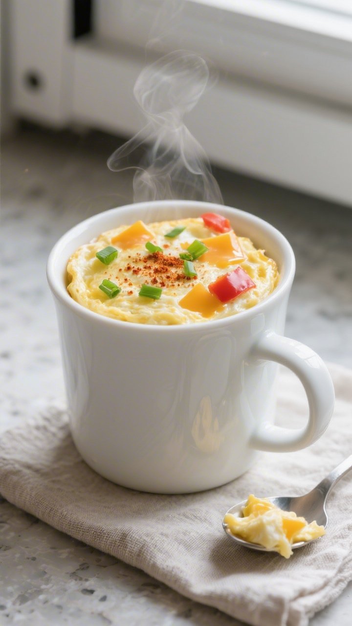 Close-up detail, cooking process: A fluffy keto mug omelette just out of the microwave, surface gent