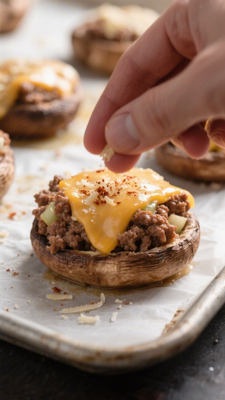 Close-up detail, cooking process: Juicy cremini mushroom caps on a parchment-lined baking sheet bein