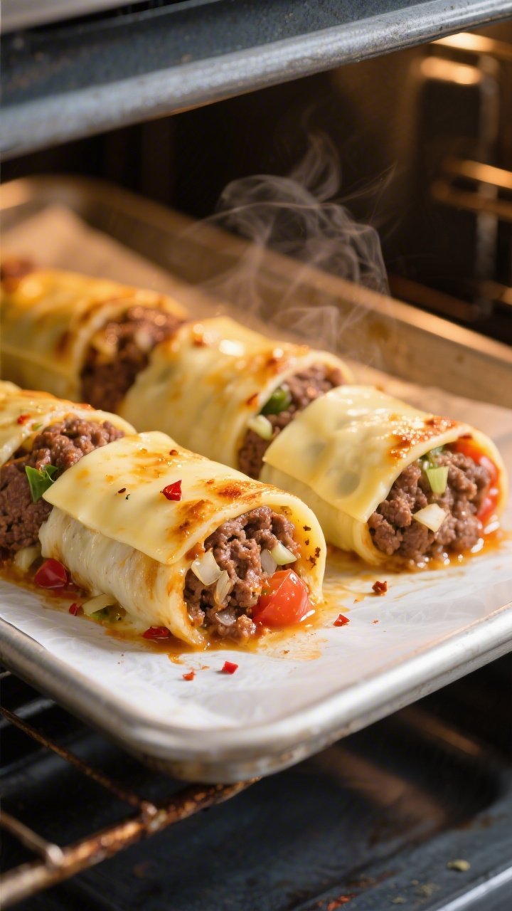 Close-up detail, cooking process: Keto Ground Beef and Cheese Roll Ups in the oven just set and bubb