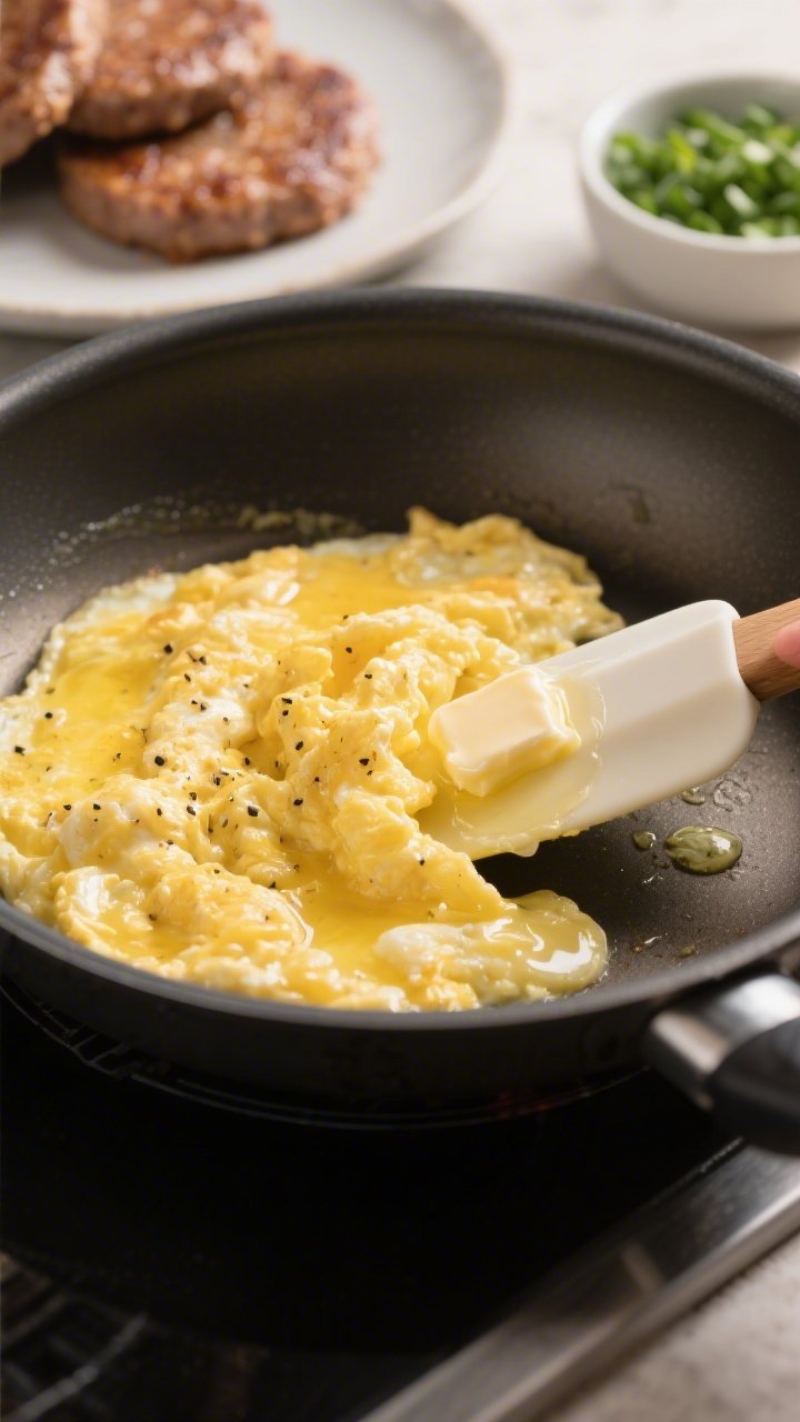 Close-up detail, cooking process: Soft-scrambled eggs being gently pushed from the pan’s edge towa