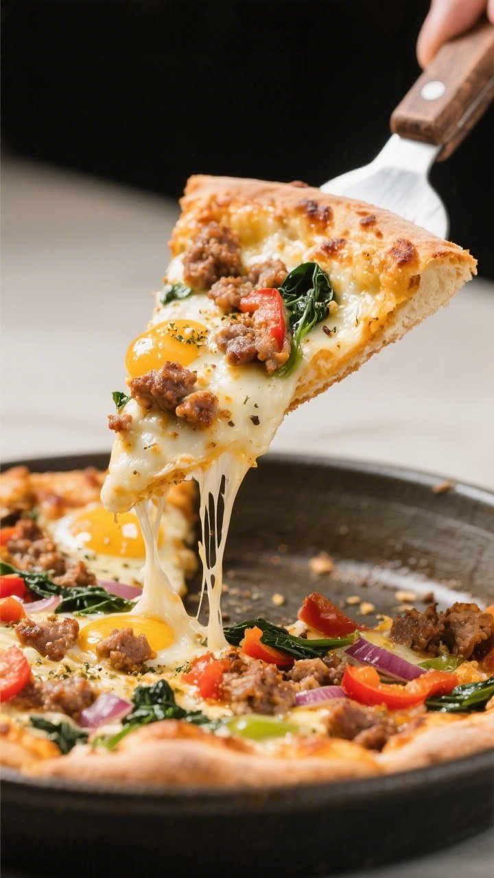 Close-up detail of a single sliced wedge of the breakfast pizza being lifted from the pan with a met