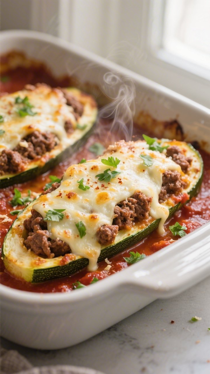 Close-up detail of freshly baked keto ground beef stuffed zucchini boats just out of the oven: bubbl