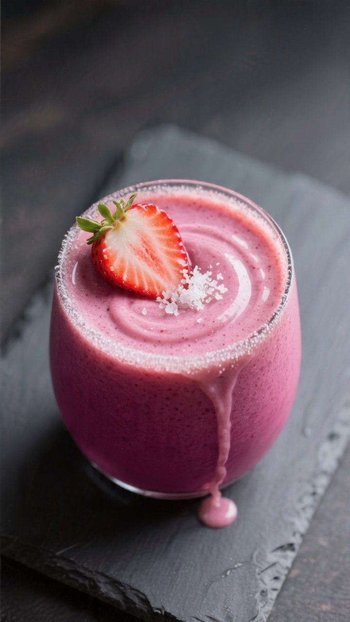 Close-up detail of the final smoothie texture in a stemless glass, highlighting the glossy, creamy s
