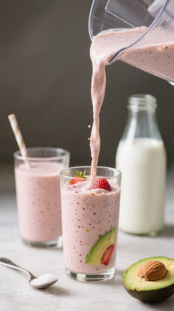Close-up detail of the smoothie mid-pour from a blender into a tall glass, capturing the velvety tex