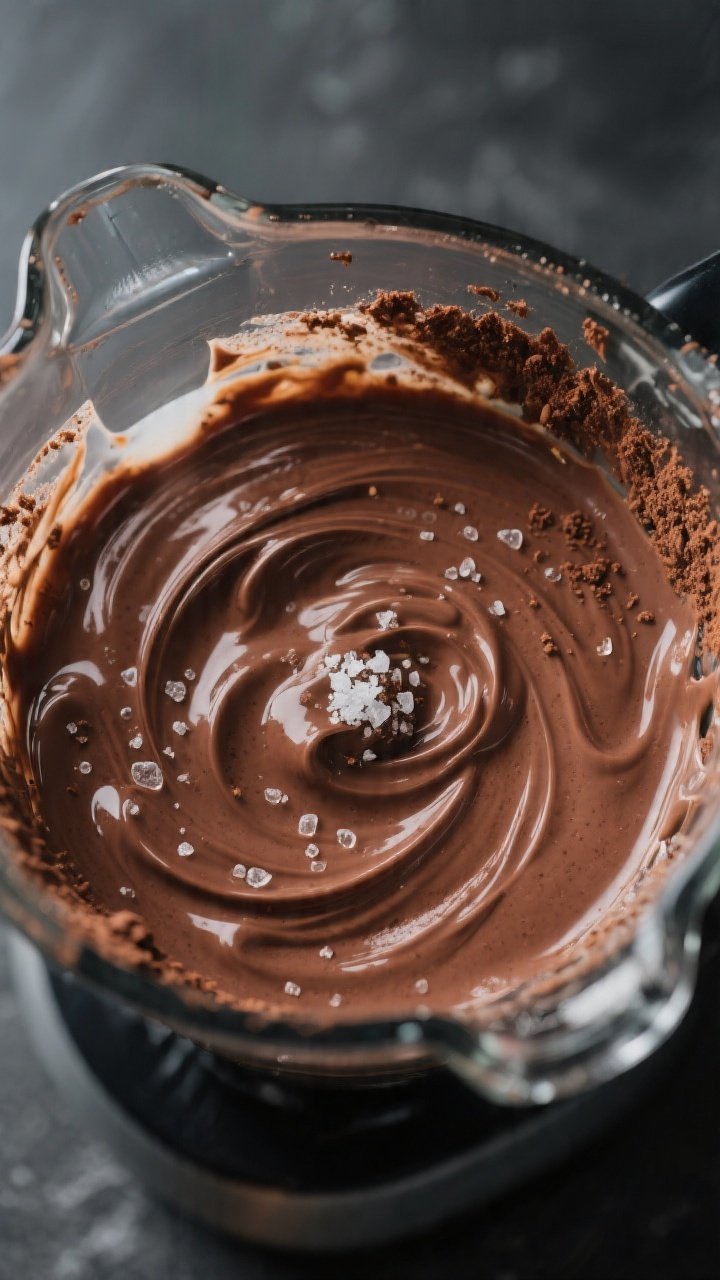 Close-up detail/process shot: Thick, glossy chocolate avocado keto smoothie mid-blend in a high-spee