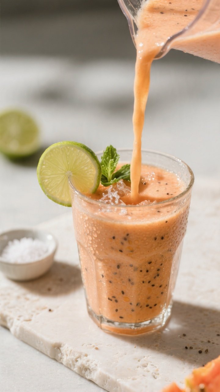 Close-up detail shot: A freshly blended Papaya Digestive Detox Smoothie being poured in a slow strea