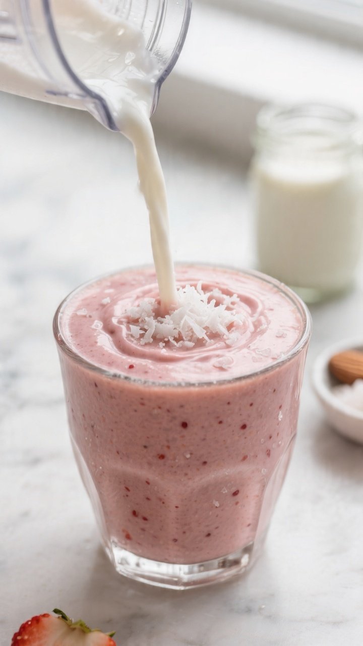 Close-up detail shot: A thick, creamy Strawberry Coconut Keto Smoothie mid-pour from a blender into