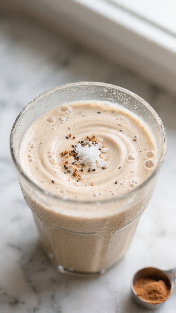 Close-up detail shot: A thick, creamy Vanilla Cinnamon Keto Smoothie mid-blend in a high-speed blend