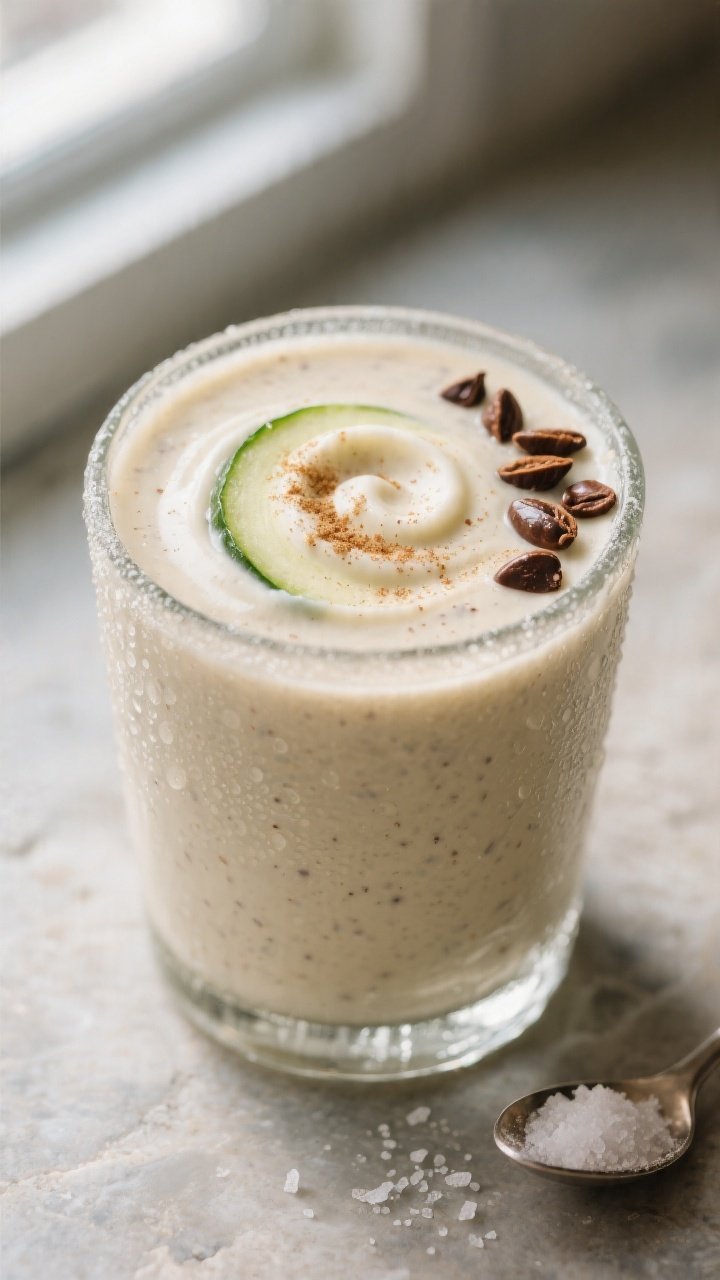 Close-up detail shot: A thick, creamy Zucchini Vanilla Keto Smoothie just poured into a chilled clea