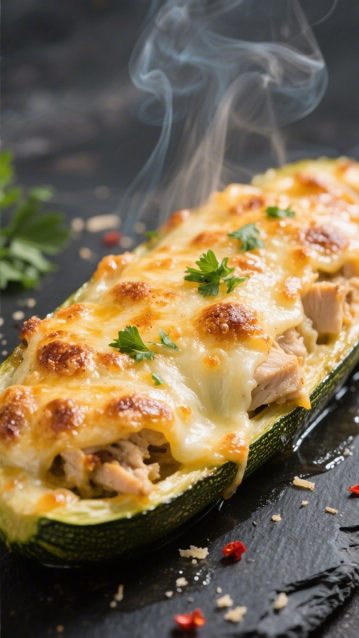 Close-up detail shot: Golden-bubbly Keto Chicken and Cheese Stuffed Zucchini Boat just out of the br