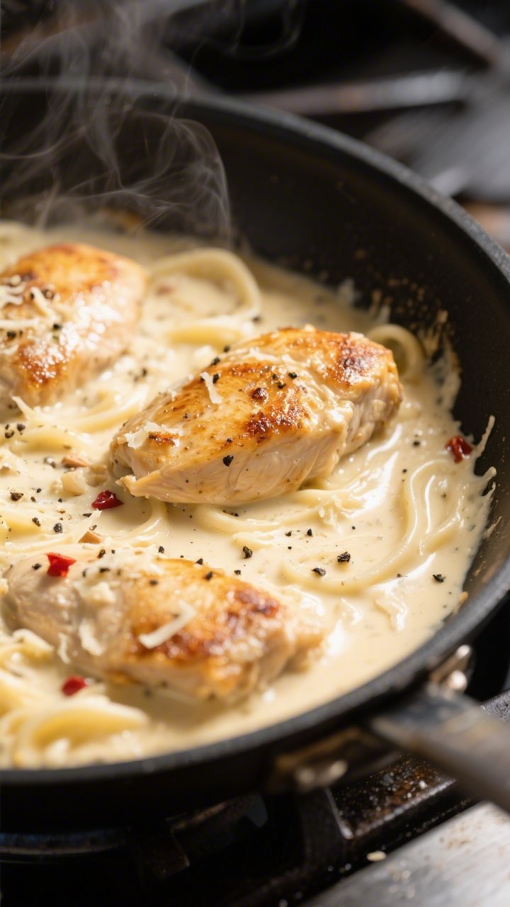 Close-up detail shot: Golden-seared chicken pieces just returned to a creamy Alfredo sauce in a blac