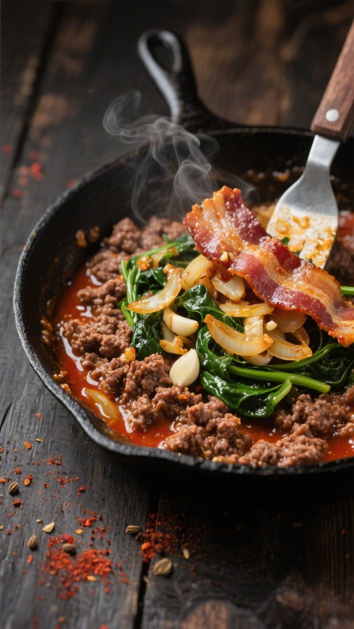 Close-up detail shot: In a cast-iron skillet, browned 80/20 ground beef studded with golden sautéed