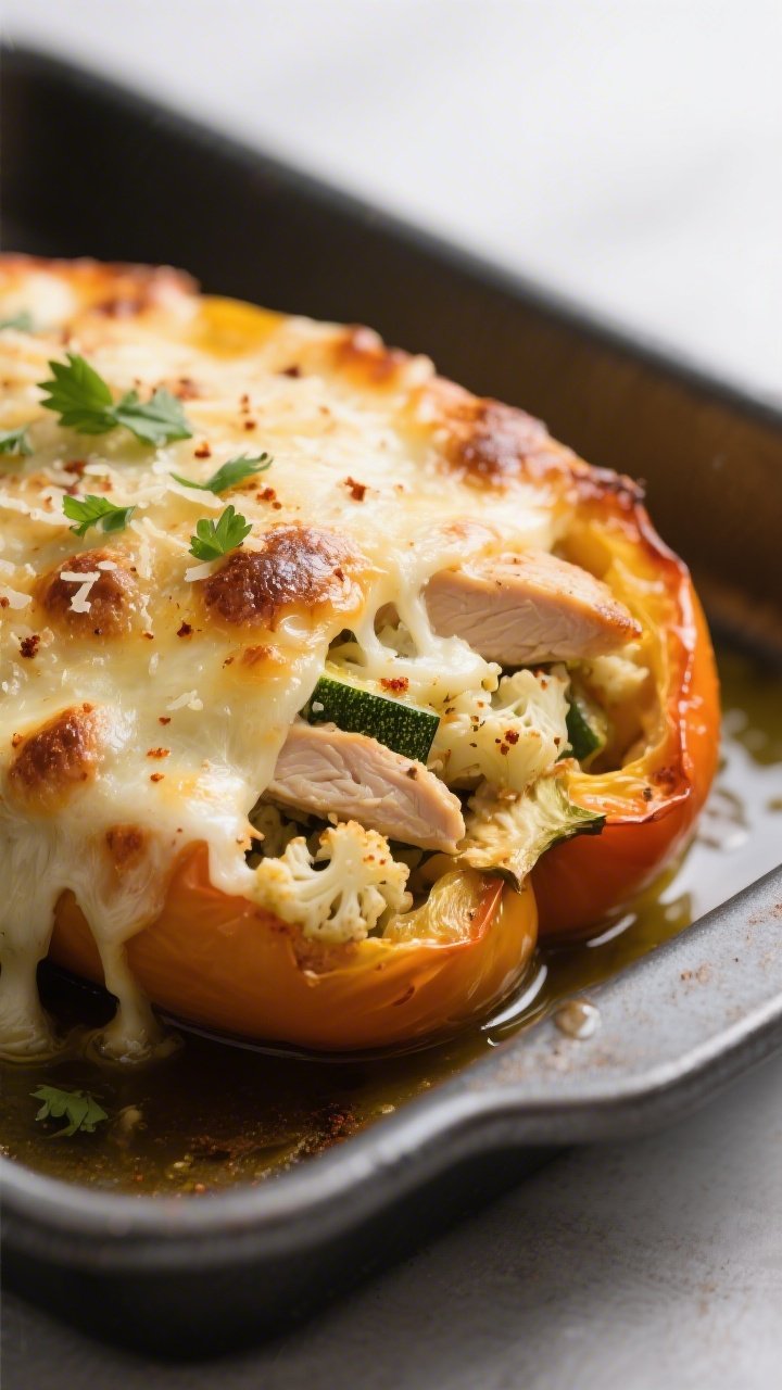 Close-up detail shot: Melted mozzarella and Parmesan-topped keto chicken stuffed bell pepper fresh f