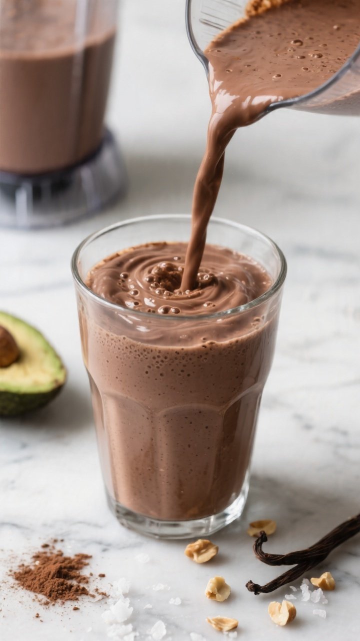 Close-up detail shot of a freshly blended Chocolate Peanut Butter Keto Smoothie mid-pour into a chil