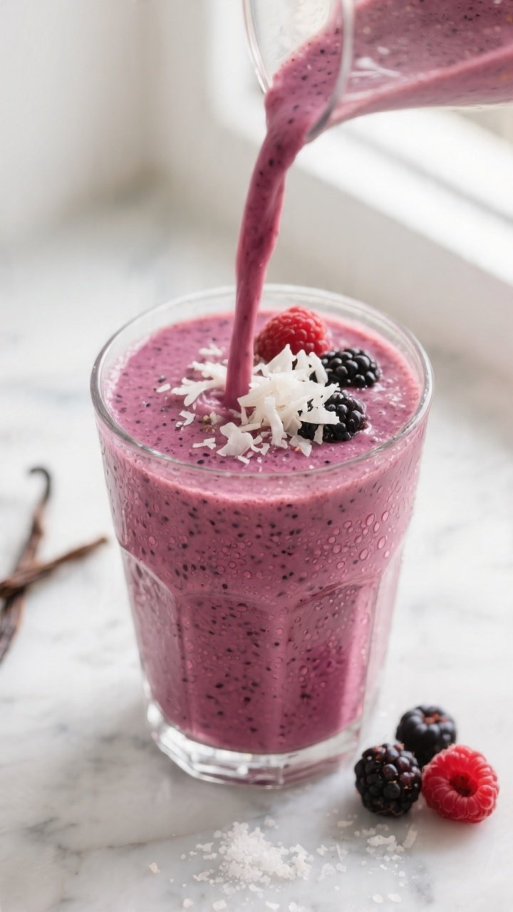Close-up detail shot of a freshly blended Coconut Berry Keto Smoothie mid-pour into a chilled clear