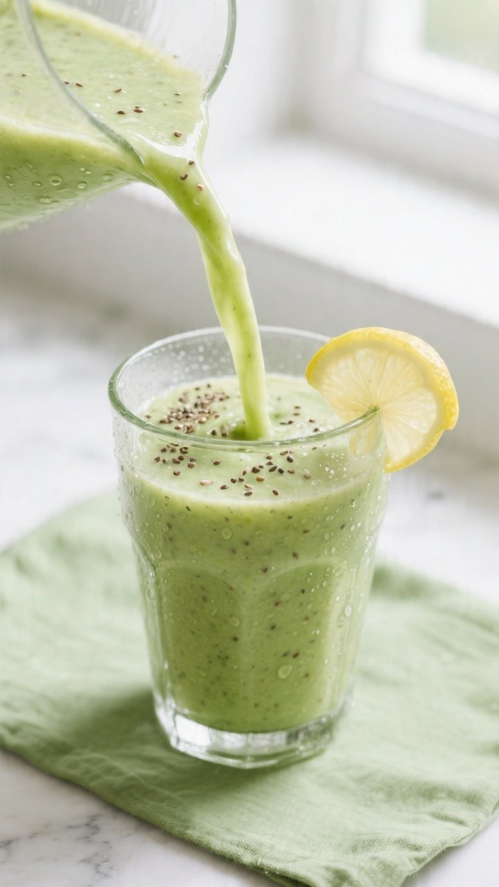Close-up detail shot of a freshly blended Green Apple Detox Smoothie being poured in a silky ribbon