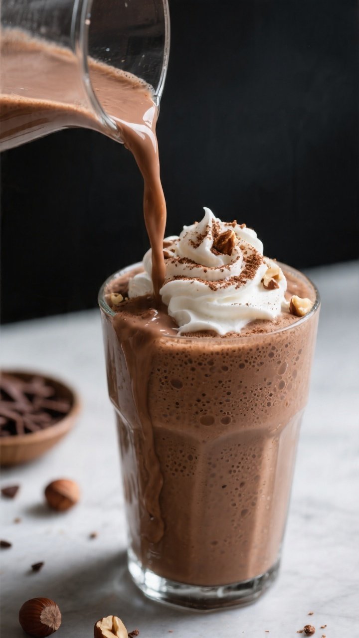 Close-up detail shot of a freshly blended Hazelnut Mocha Keto Smoothie being poured into a chilled g