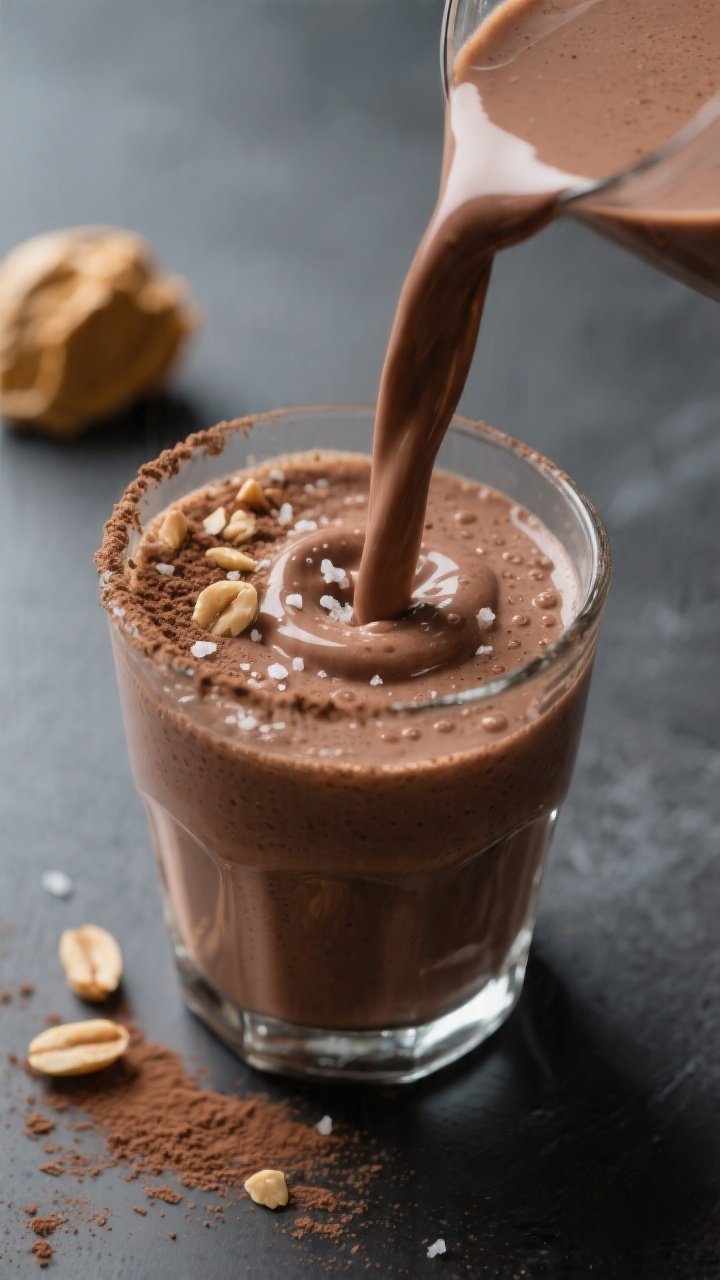 Close-up detail shot of a freshly blended Peanut Butter Chocolate Keto Smoothie being poured in a si