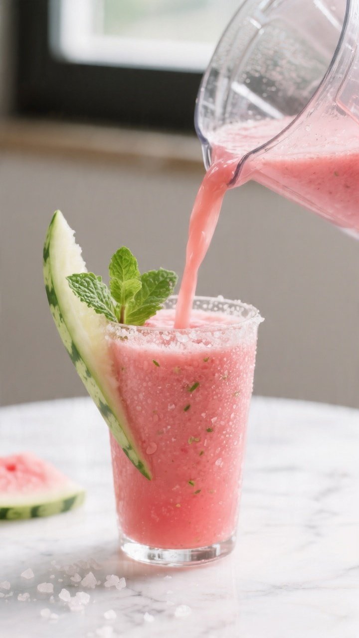 Close-up detail shot of a freshly blended Watermelon Detox Hydration Smoothie being poured from a gl
