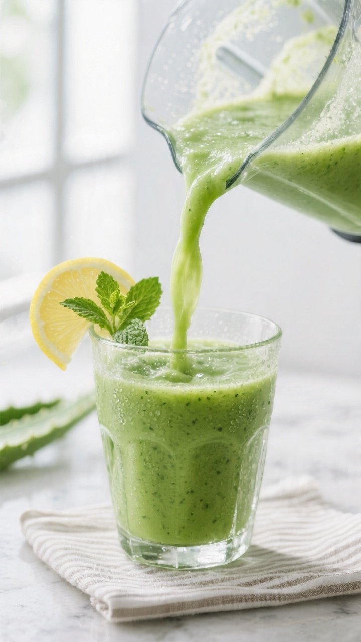 Close-up detail shot of the finished Aloe Vera Detox Smoothie being poured from a blender into a chi