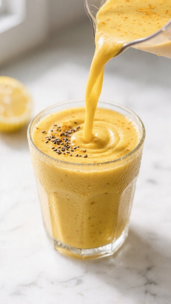 Close-up detail: Silky Mango Turmeric Detox Smoothie being poured from a blender into a chilled clea