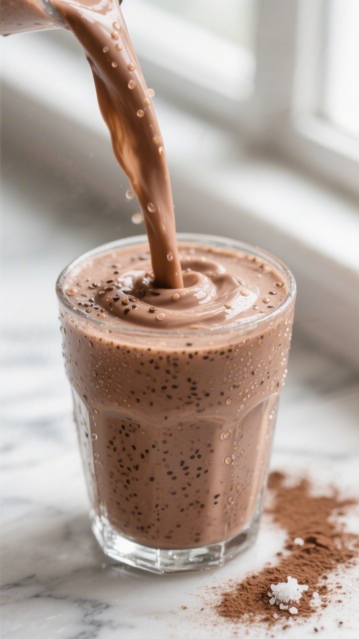 Close-up detail: Thick, creamy low-carb peanut butter–cocoa smoothie mid-blend pour into a chilled