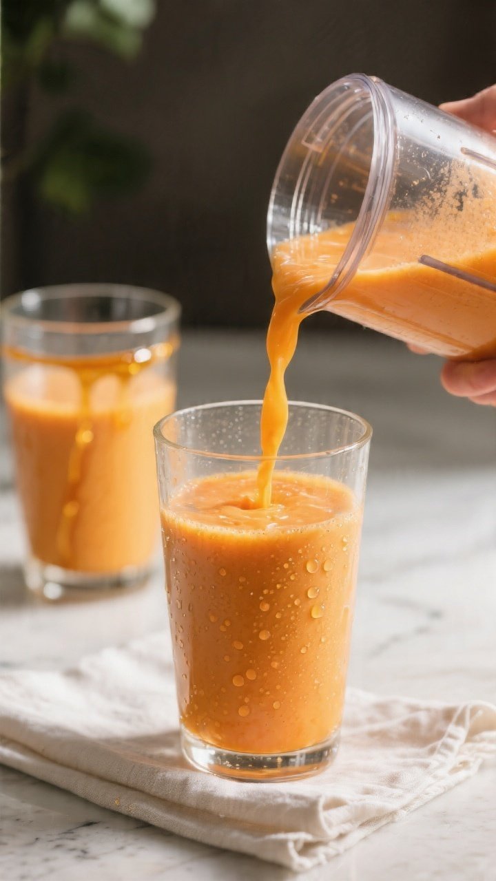 Close-up process detail of the smoothie mid-blend being poured from a blender jar into a chilled gla