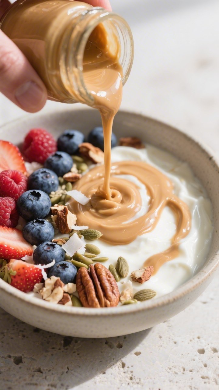 Close-up, process-detail shot of the “finish with a drizzle” step: a glossy ribbon of almond but