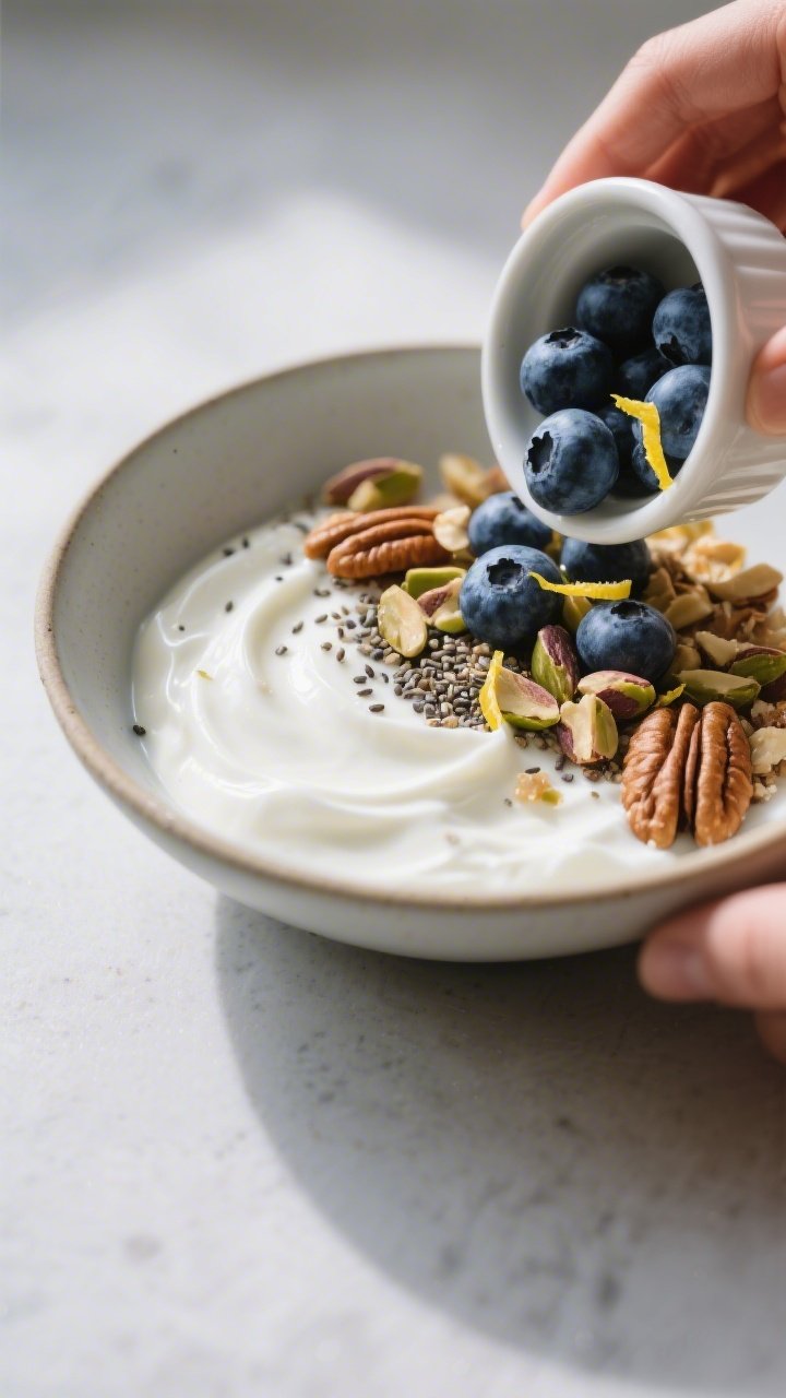 Close-up process detail: yogurt in a shallow bowl as a hand-free scene where the layering is mid-ass