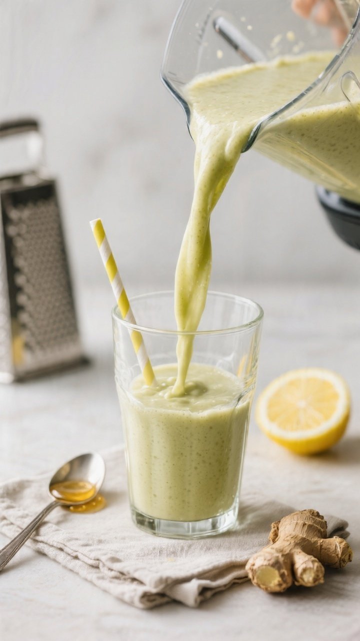 Close-up, process-focused pour shot: the blended smoothie streaming in a thick, glossy ribbon from a