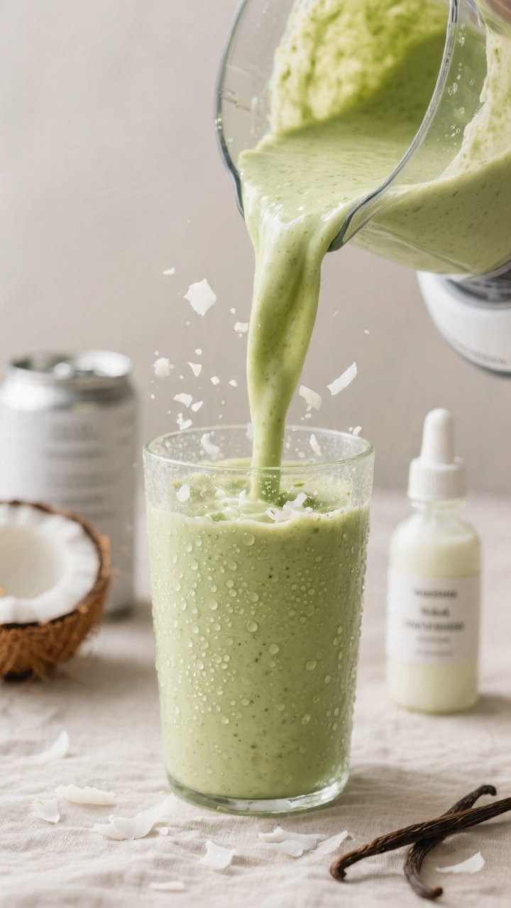 Close-up, process-focused shot of the smoothie mid-blend pour: thick, silky stream of pale green mat