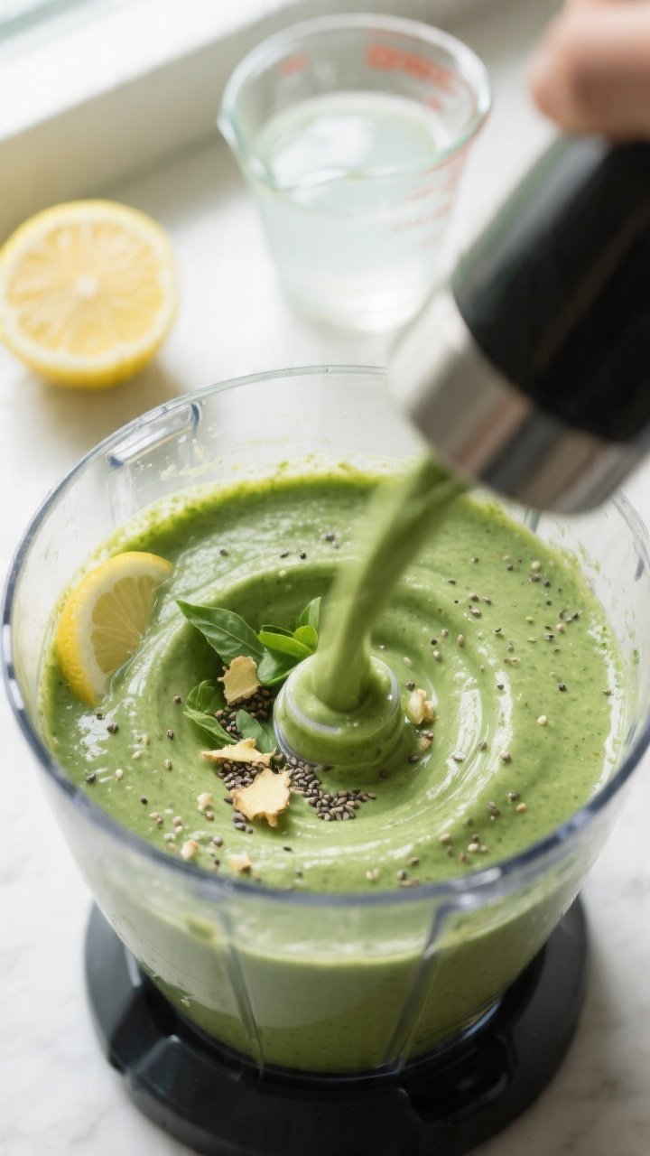 Close-up process image of the smoothie mid-blend in a high-speed blender jar just after “blend unt