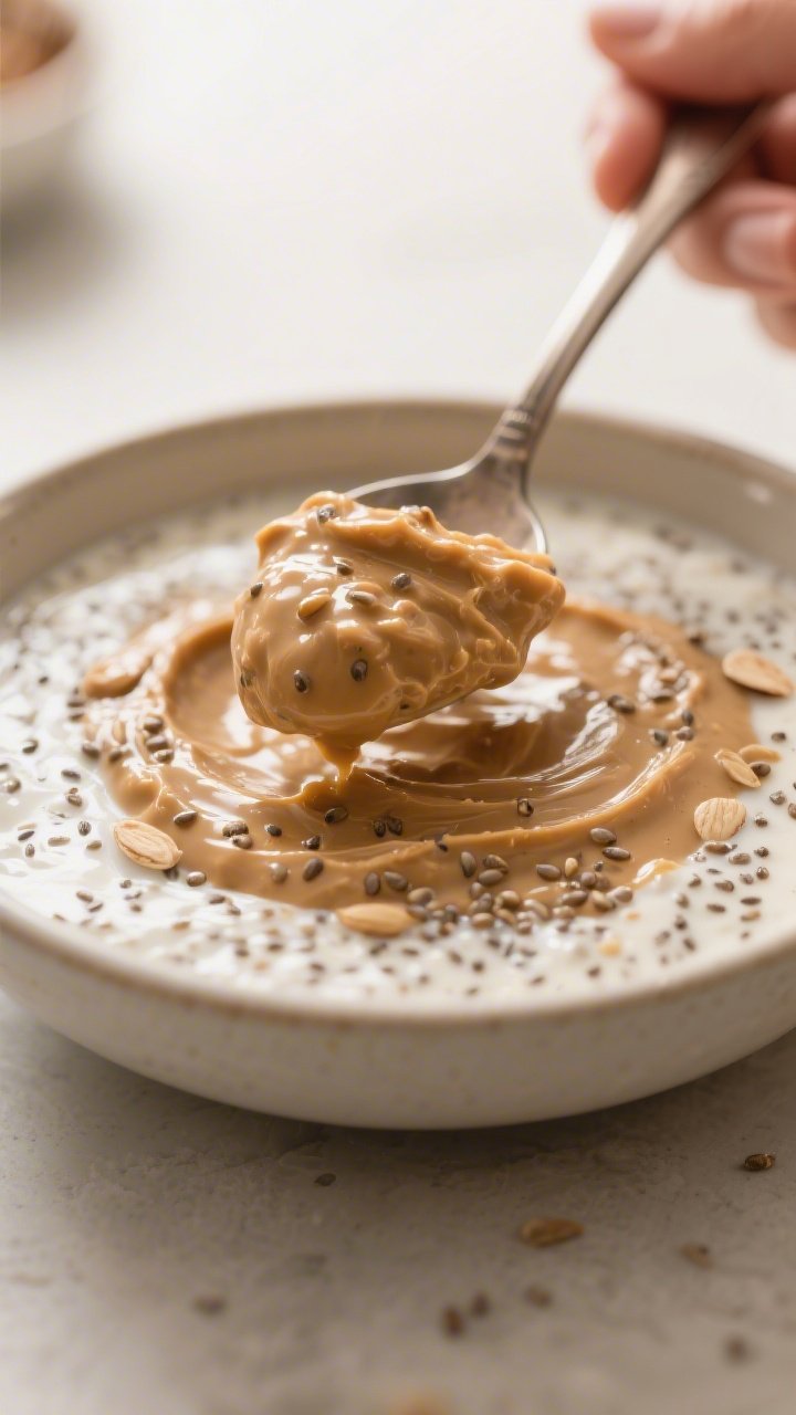 Close-up process shot of the mixture just after resting, showing a spoon lifting a scoop of the thic