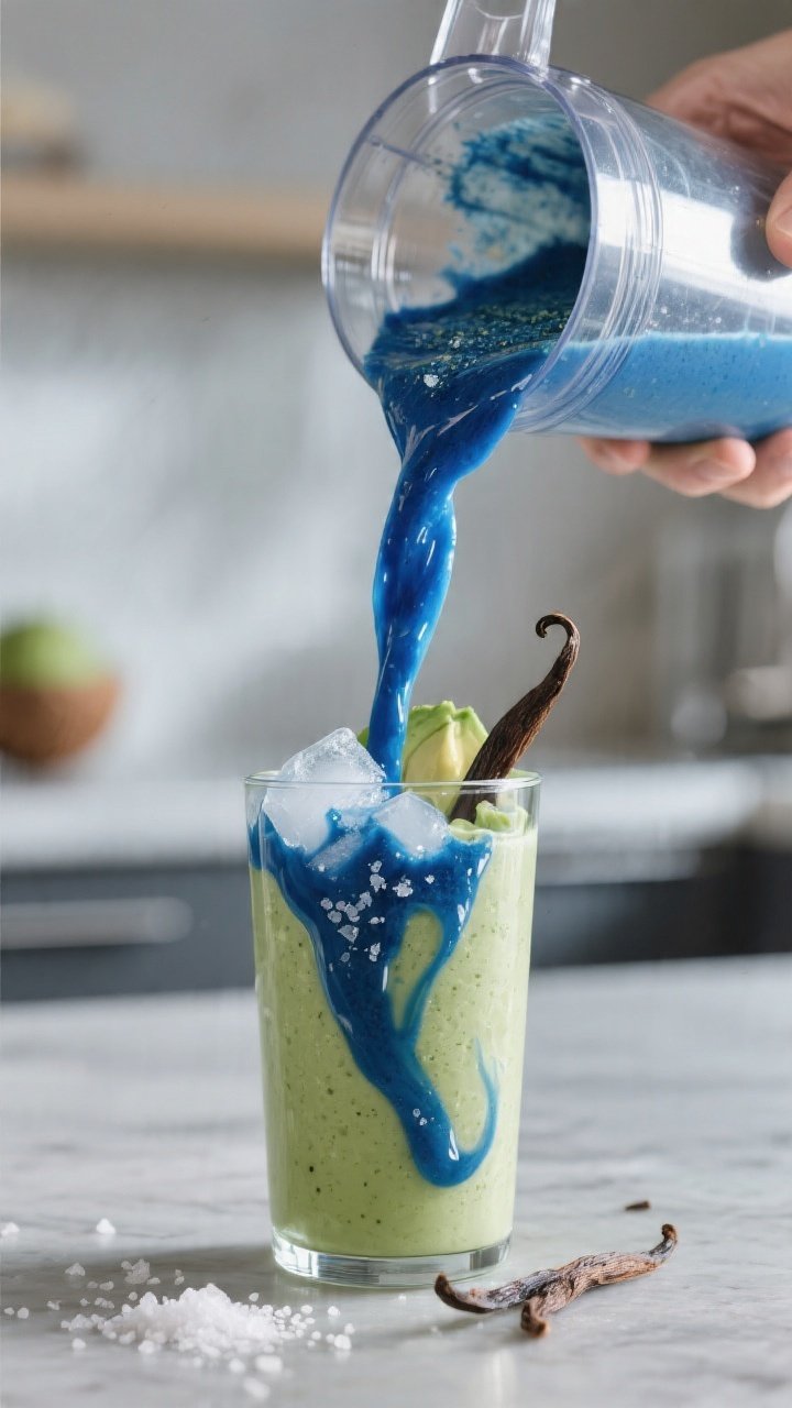 Close-up process shot of the smoothie mid-blend being poured from a blender jar into a tall glass, s