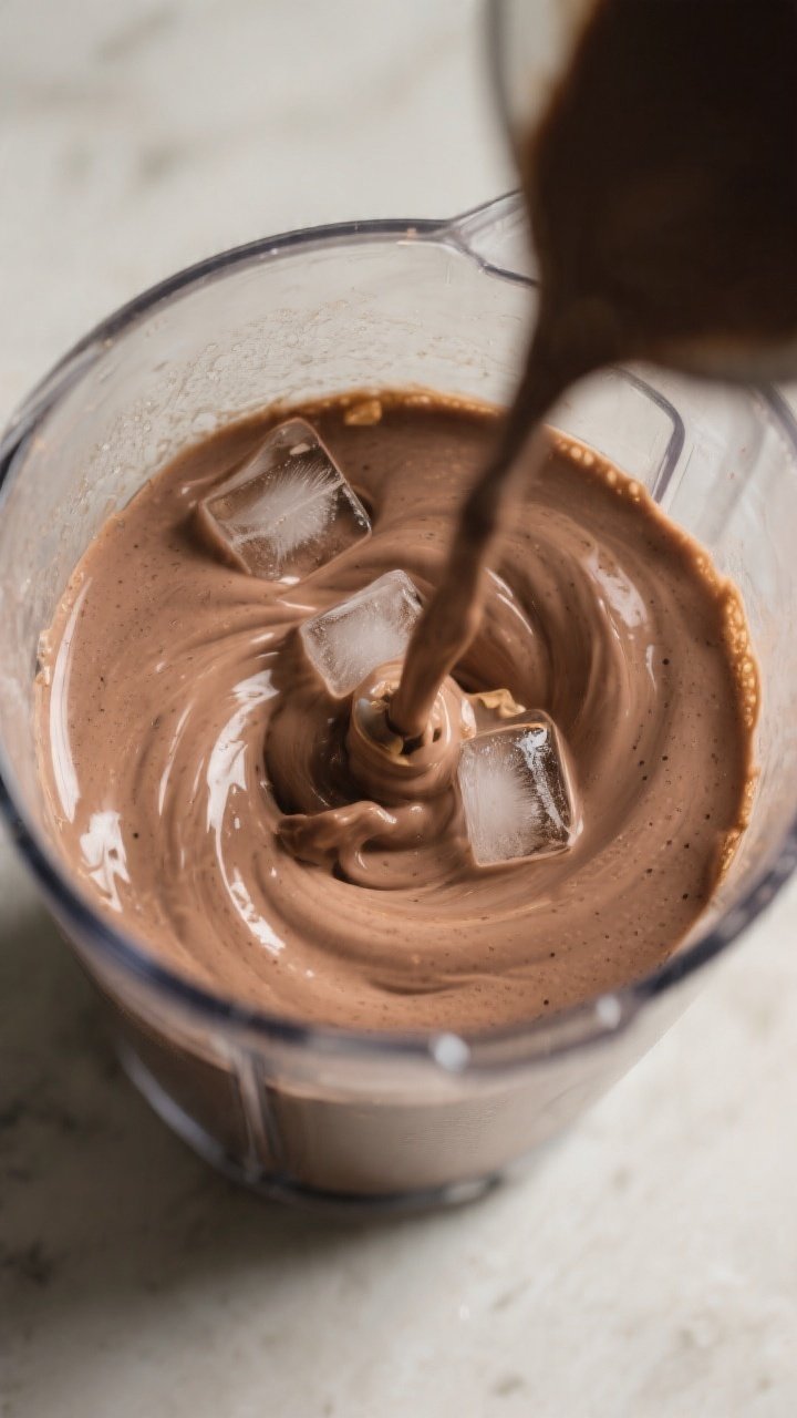 Close-up process shot of the smoothie mid-blend in a high-speed blender: silky, thick, milkshake-lik