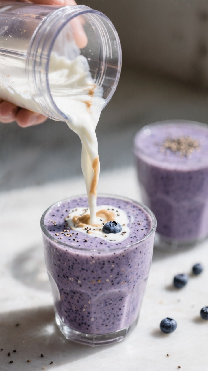 Close-up process shot of the smoothie mid-blend pour: thick, frothy blueberry chia mixture streaming