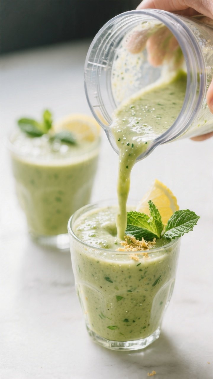 Close-up process shot of the smoothie mid-pour from a glass blender jar into a chilled tumbler, show