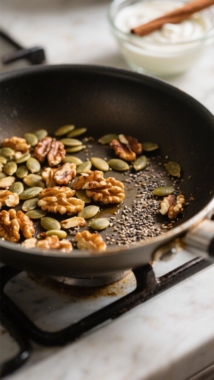 Close-up process shot of the “toast the nuts and seeds” step: freshly toasted pumpkin seeds and