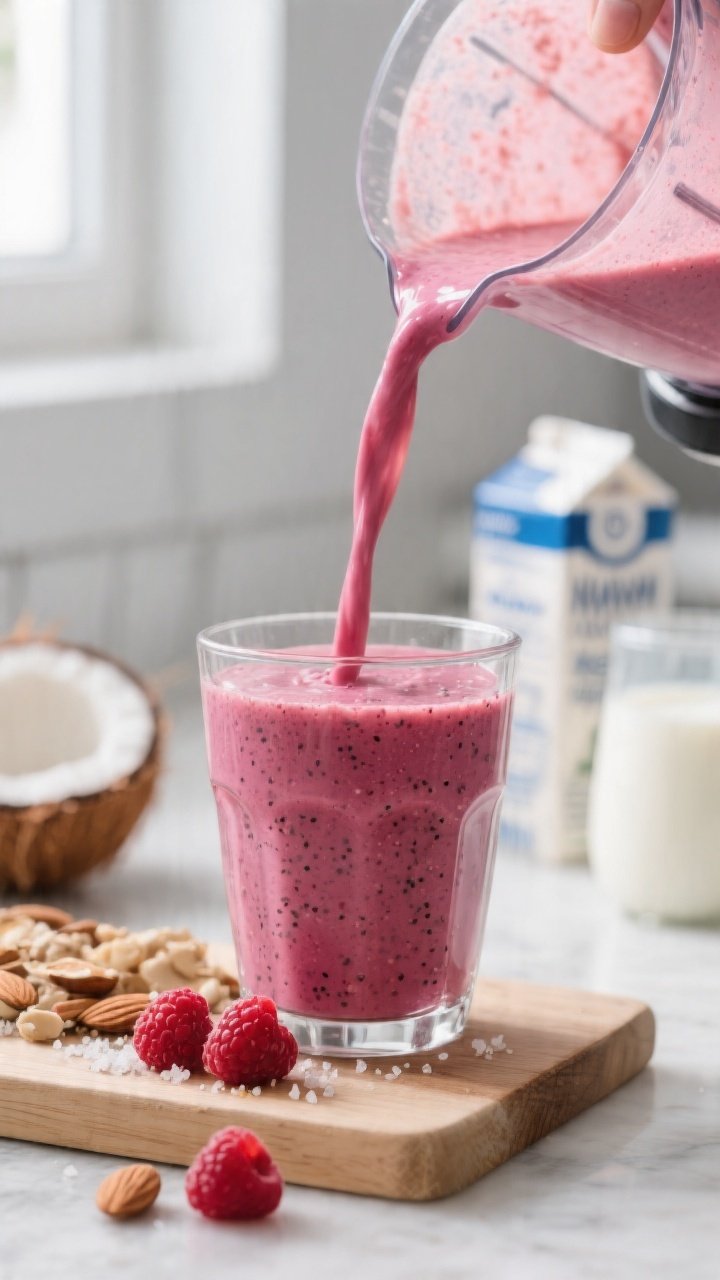 Close-up process shot: Thick, creamy raspberry almond keto smoothie mid-blend being poured in a silk