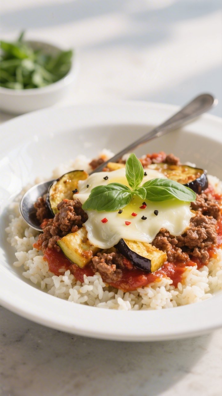 Close-up, shallow-depth final plated dish: keto ground beef and eggplant skillet spooned into a wide
