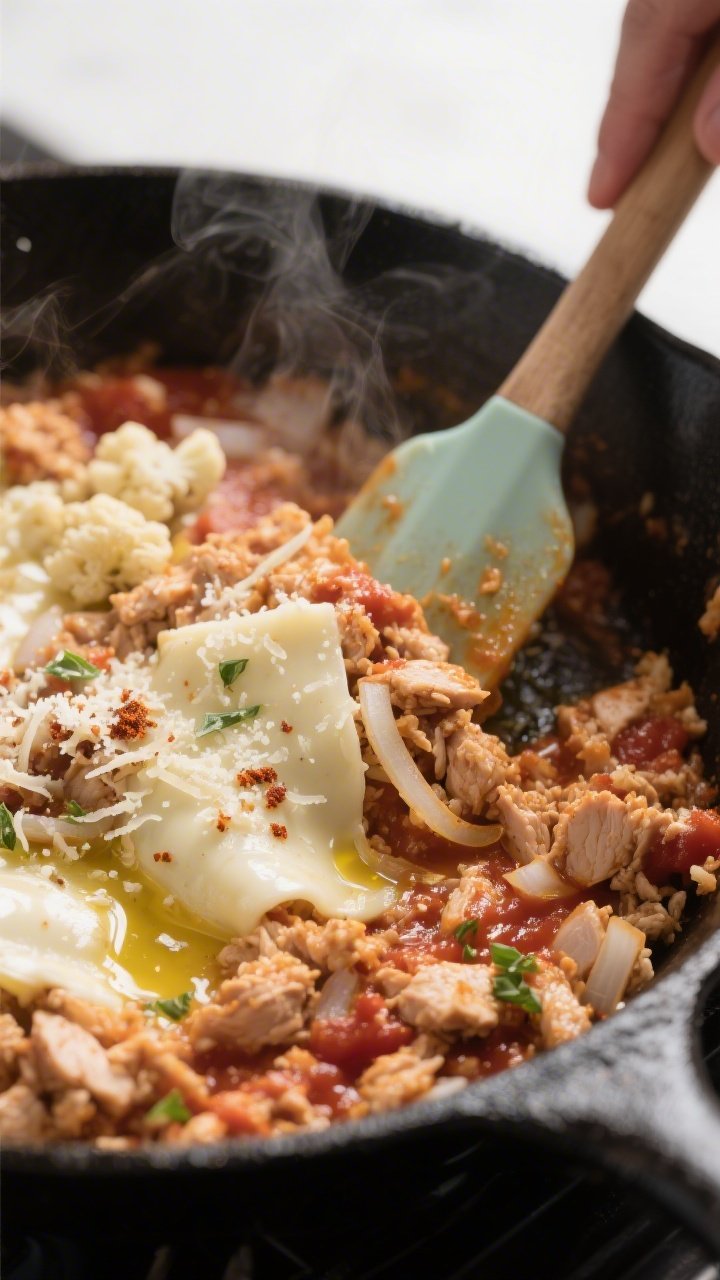 Close-up, shallow depth-of-field cooking process shot: chicken and cauliflower rice filling in a lar