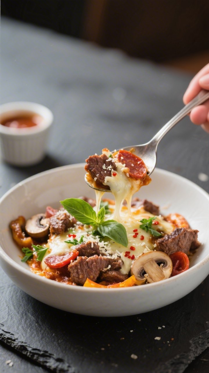 Close-up, shallow depth-of-field detail of the final plated bowl: spooned portions of the pizza mixt